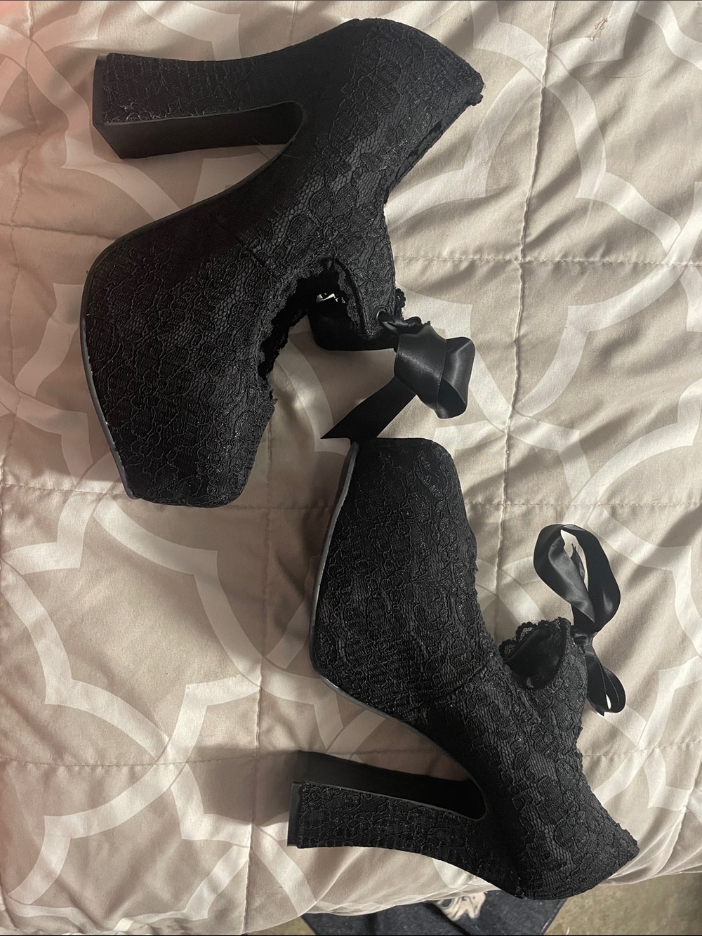 Demonia Black Lace Platform Mary Jane Heels with Satin Ribbon